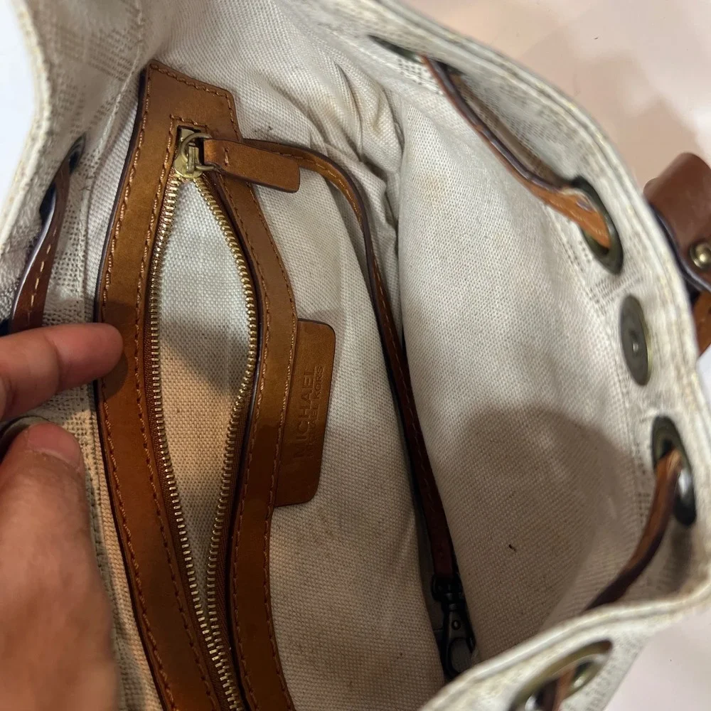 Michael Kors Signature MK Monogram Hobo Bag Cream Gold Braided Leather Handle